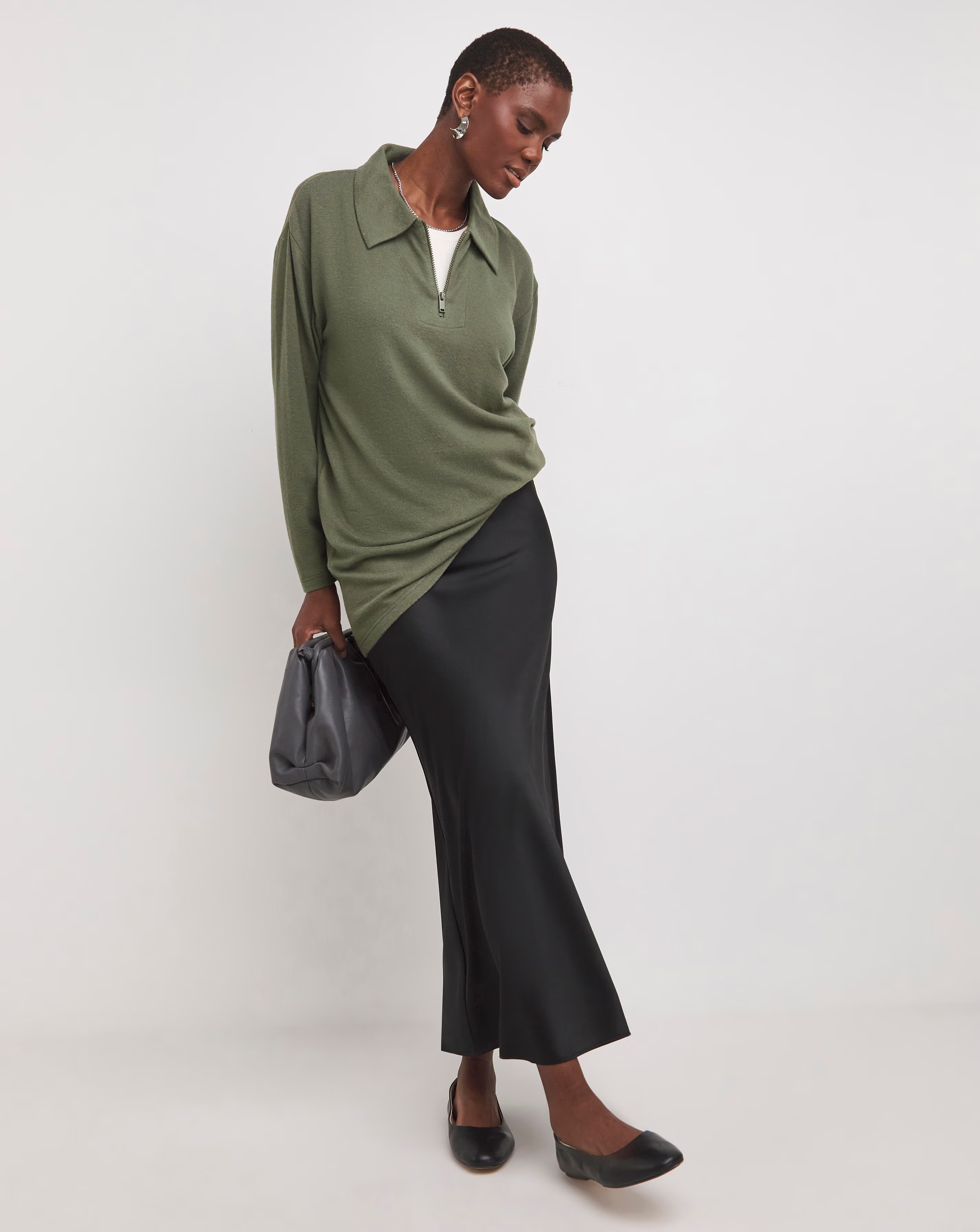 Khaki Collared Zip Front Soft Touch Longline Top 1 Khaki Collared Zip Front Soft Touch Longline Top