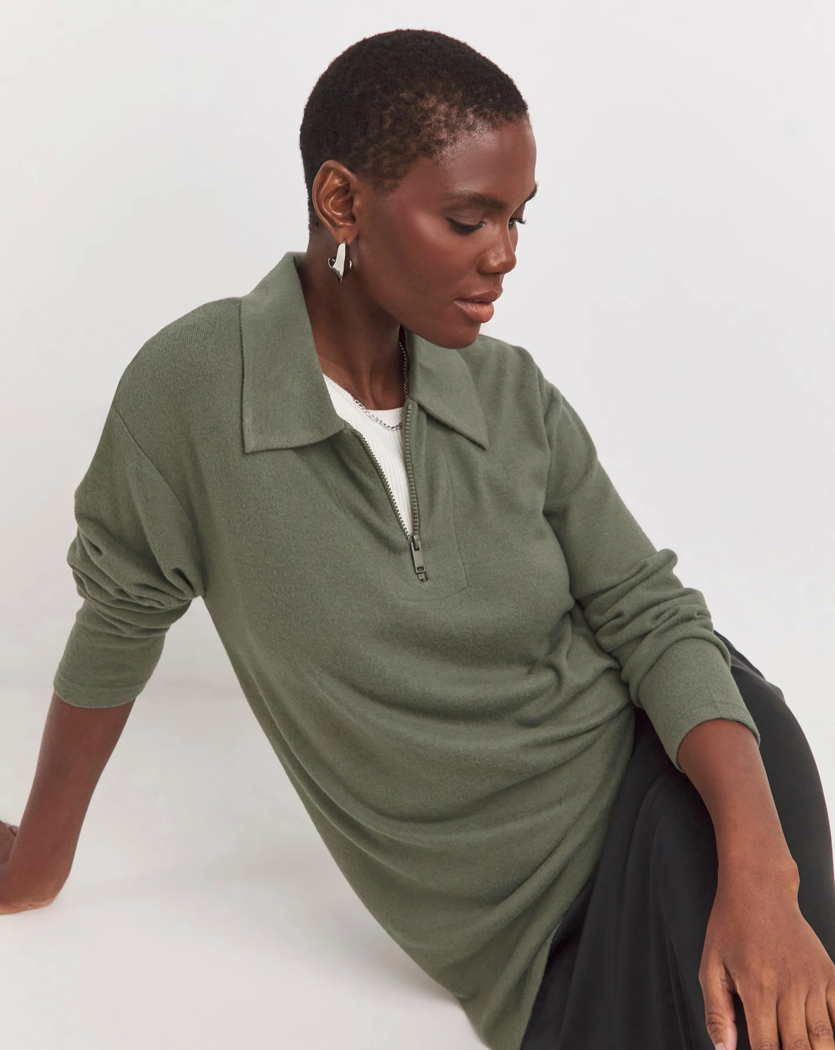 Khaki Collared Zip Front Soft Touch Longline Top 2 Khaki Collared Zip Front Soft Touch Longline Top
