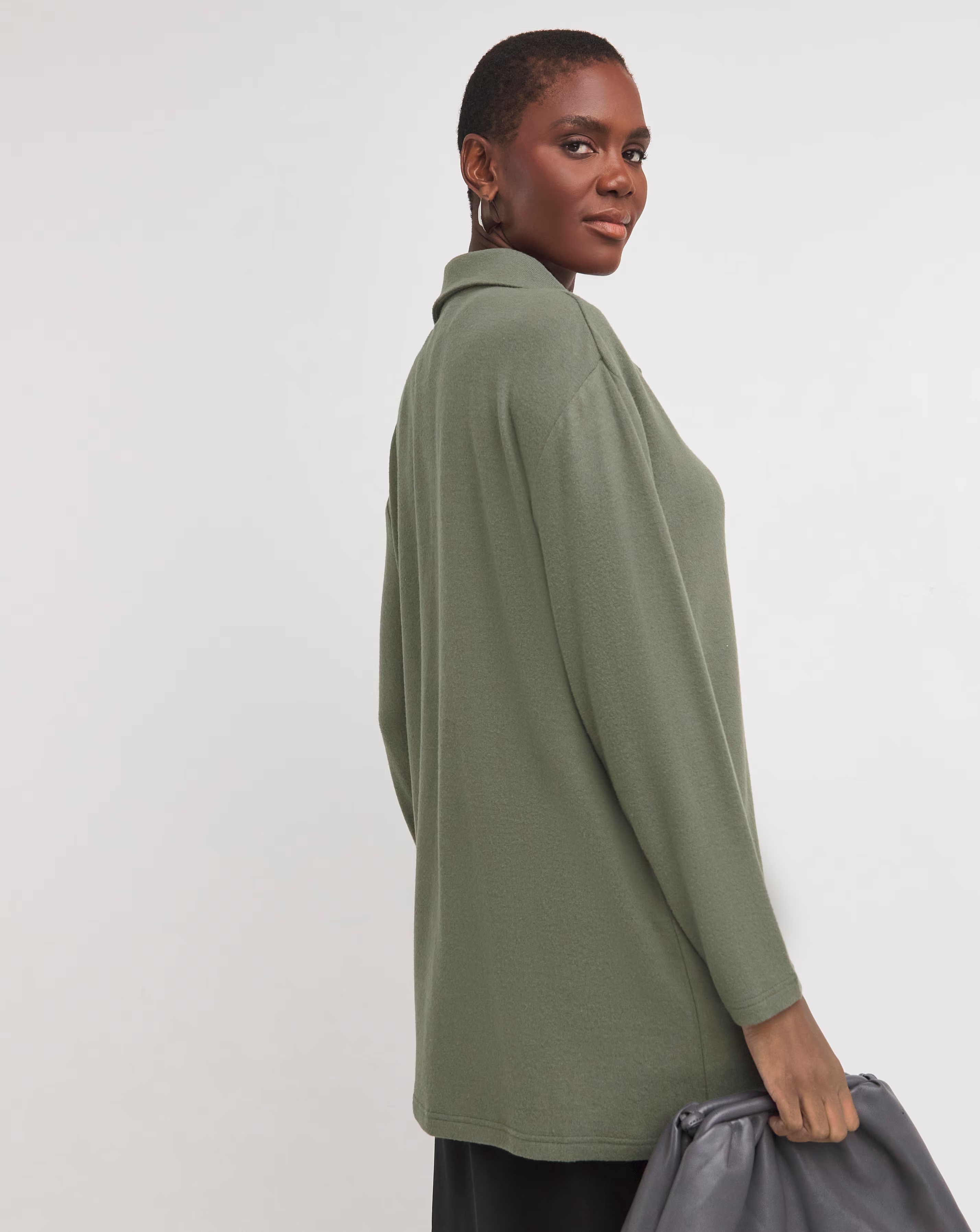 Khaki Collared Zip Front Soft Touch Longline Top 4 Khaki Collared Zip Front Soft Touch Longline Top