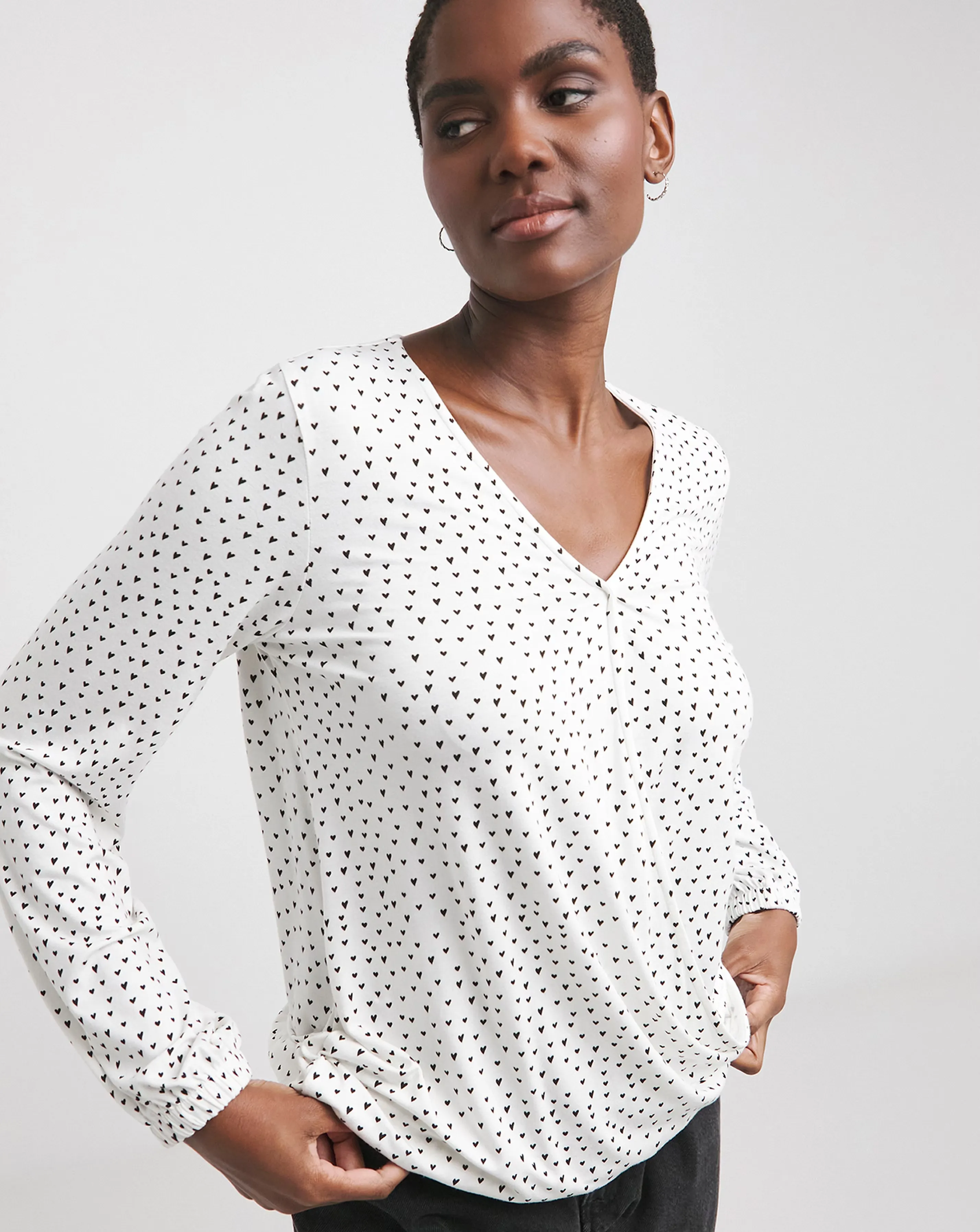Heart Print Wrap Bubble Hem Long Seeve Top 1 Heart Print Wrap Bubble Hem Long Seeve Top