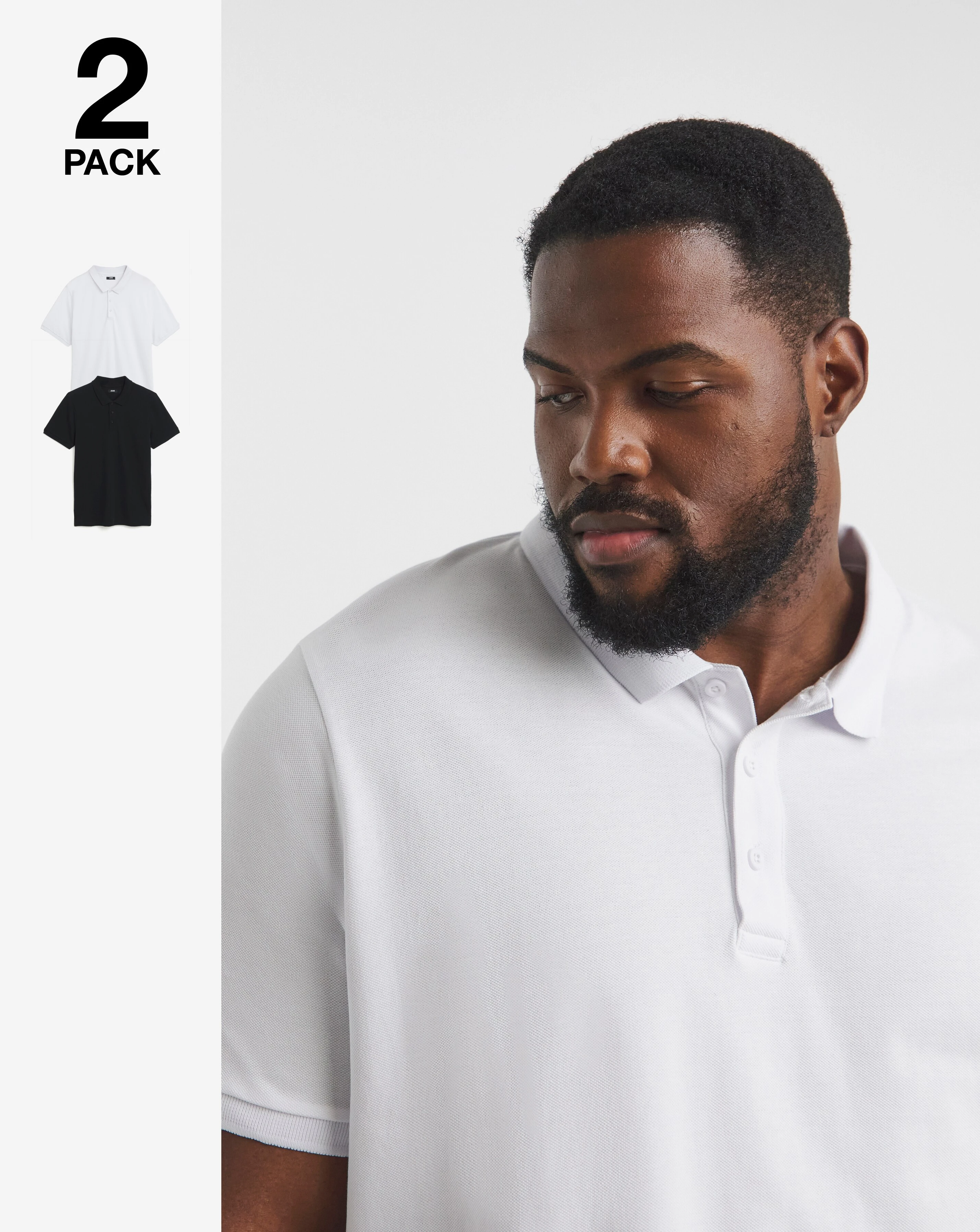 2 Pack Polo Shirts-Black/White Long Length 1 2 Pack Polo Shirts-Black/White Long Length