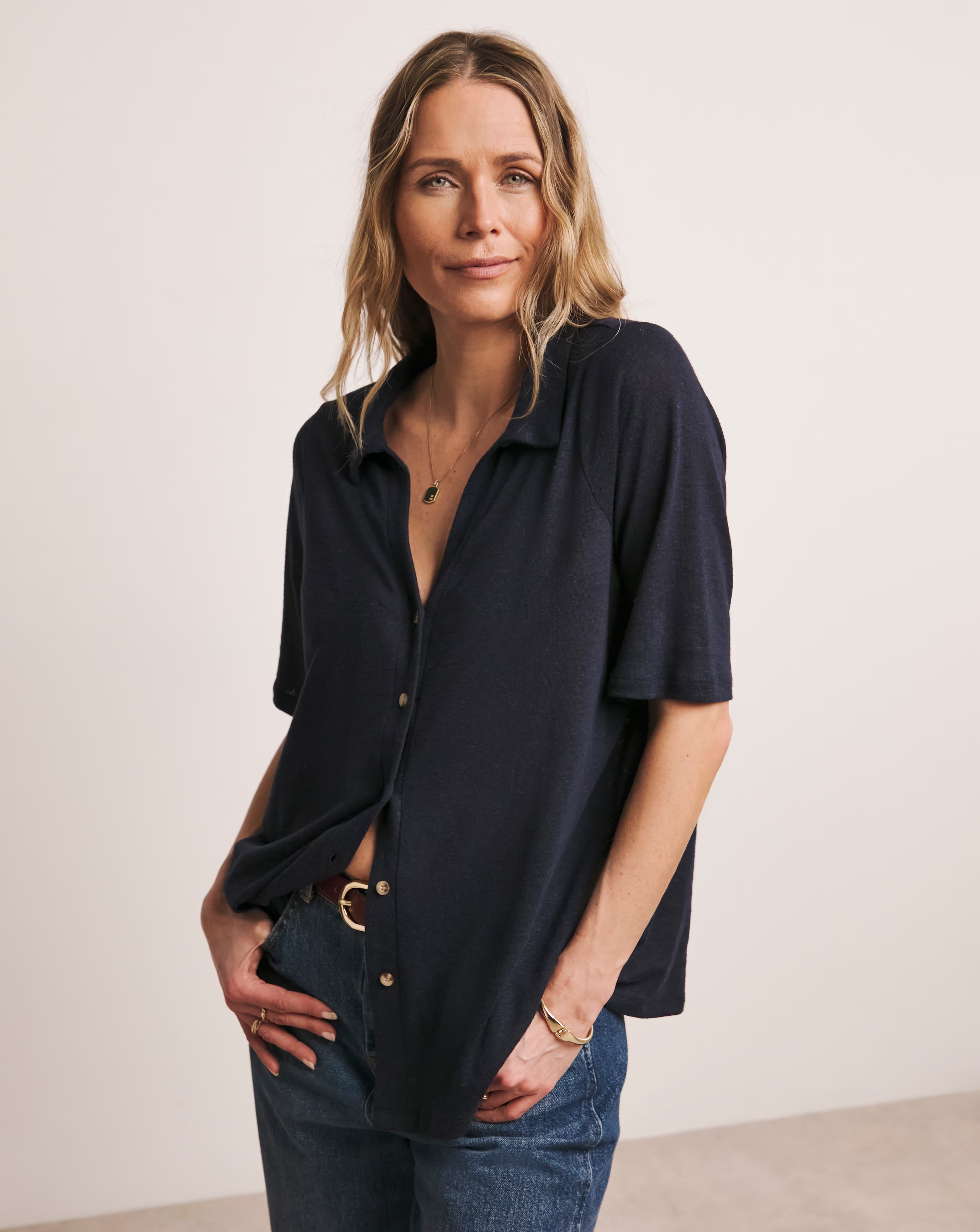 Anthology Collared Short Sleeve Button Front Linen Top 1 Anthology Collared Short Sleeve Button Front Linen Top