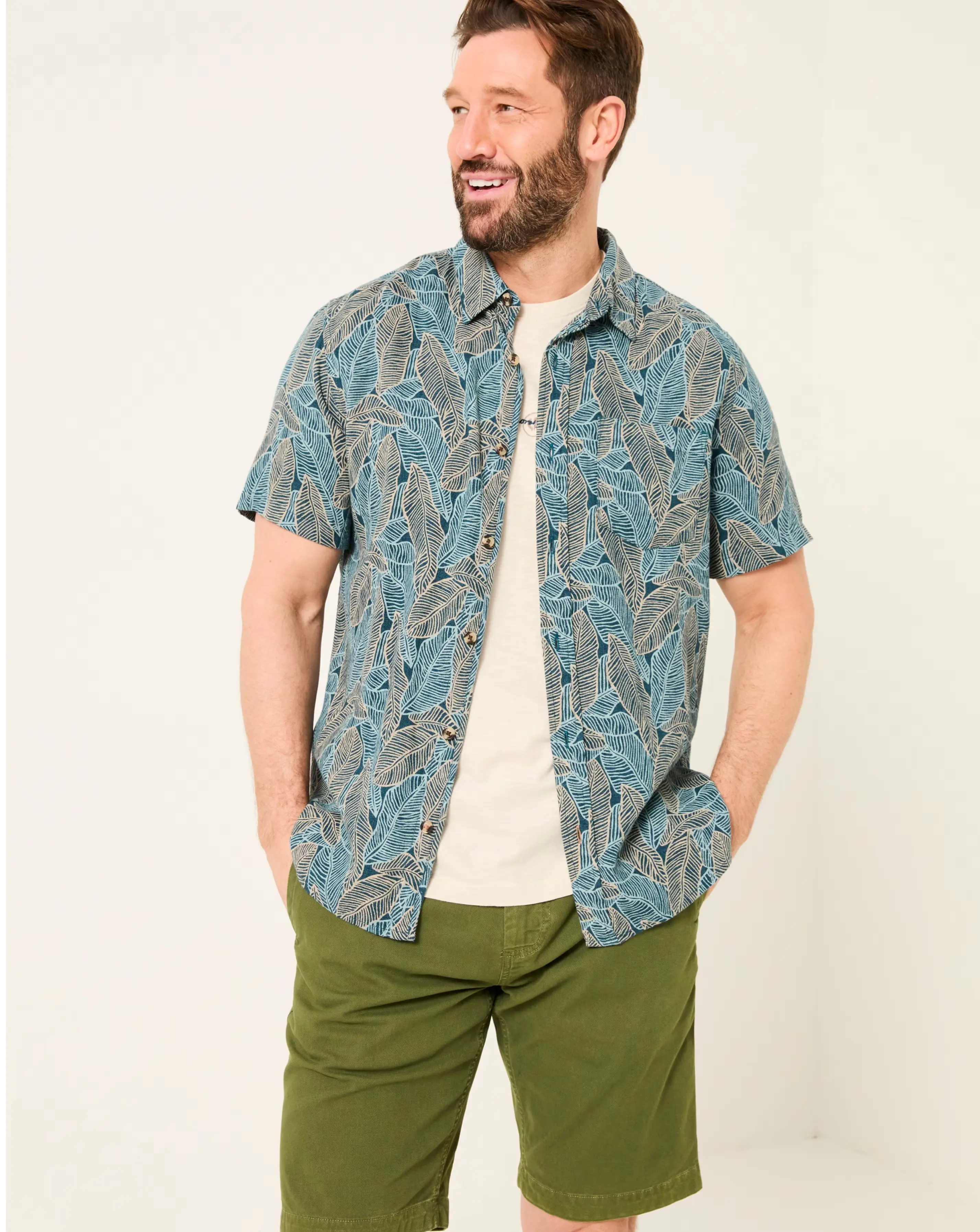 FatFace Leaf Print Linen Blend Shirt - Blue