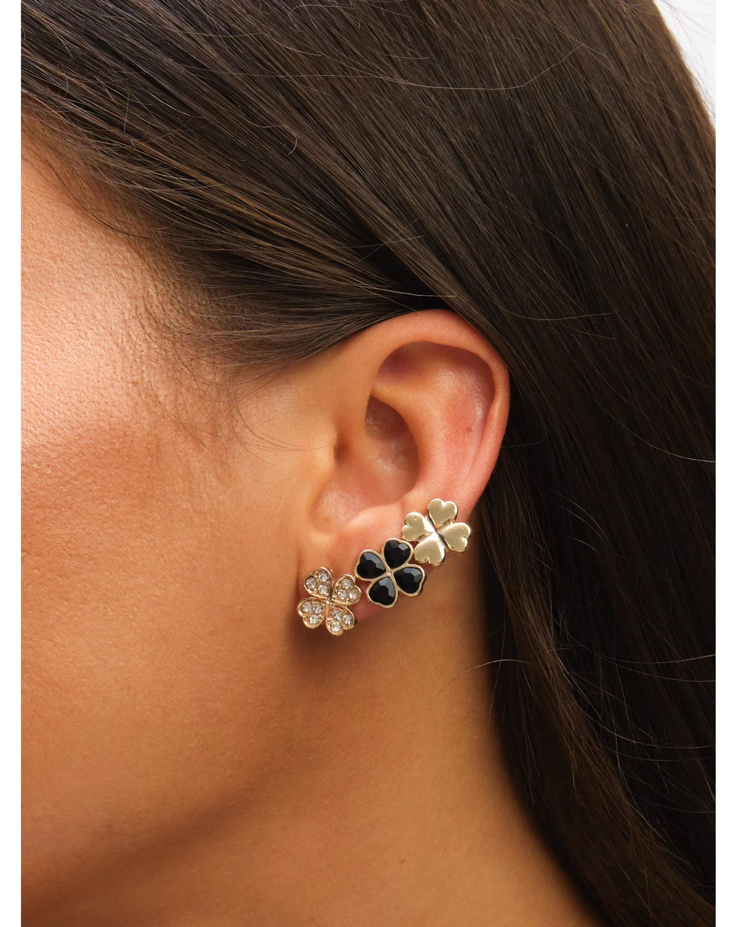 Mood Gold & Jet Crystal Clover Stud Earrings - Pack of 3 4 Mood Gold & Jet Crystal Clover Stud Earrings - Pack of 3